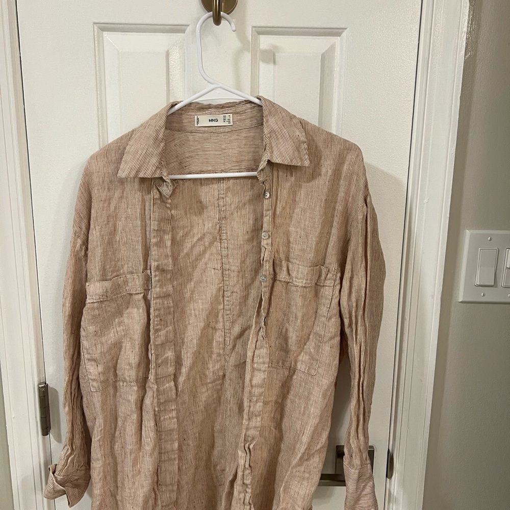 Mango Striped Beige and White Button Up Top